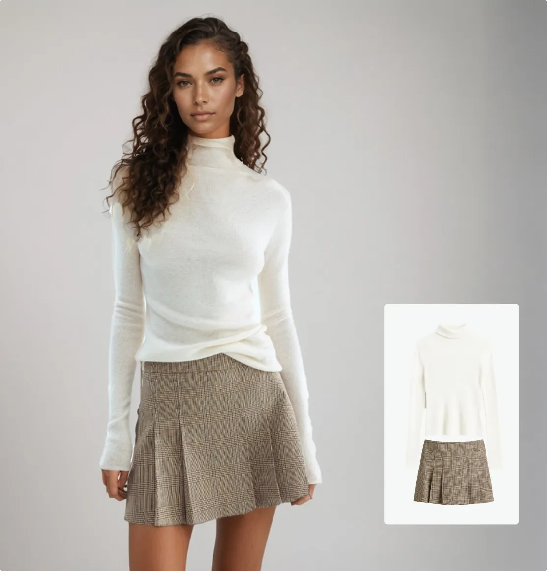 Woman wearing white turtleneck and plaid skirt